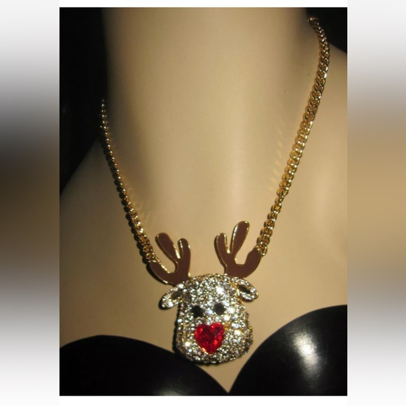 Betsey Johnson NWT Sparkling Pave Crystals RedNosed Reindeer NecklaceGold Chain - Picture 3 of 9